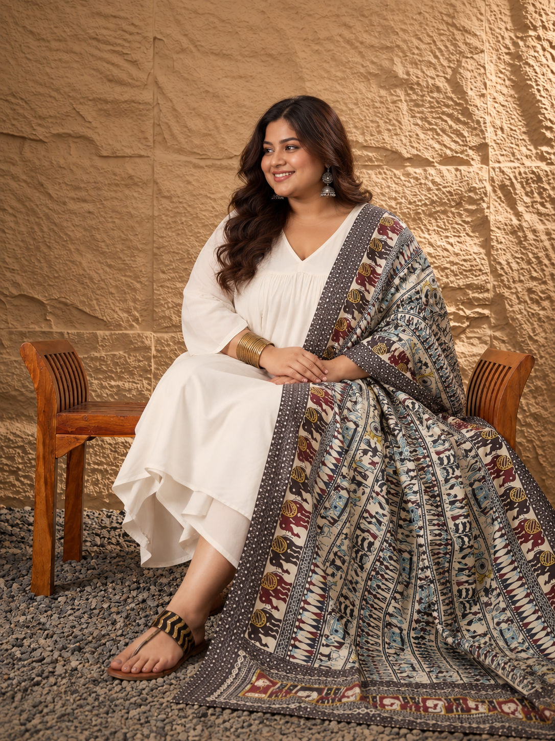 White V Neck Flared Black Tribal Arts Dupatta Kurta Set