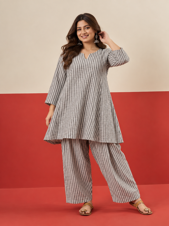 Grey White Stripe Peplum Farshi Salwar Set