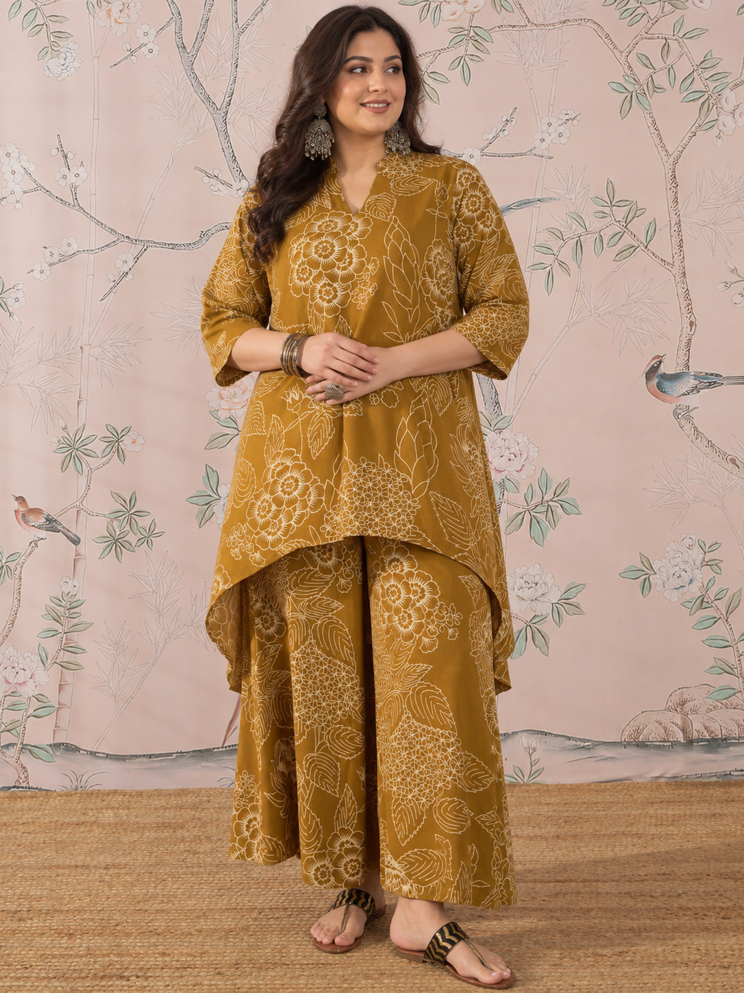 DARK YELLOW ROSE LEAF MANDARIN KURTA SET