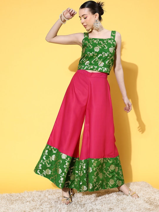 Green Brocade Strappy Top W Fuchsia Green Brocade Palazzo Set