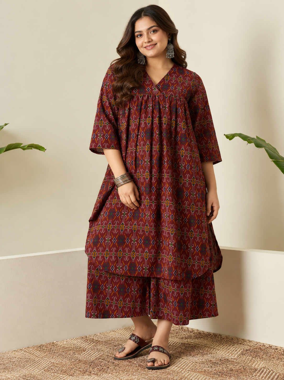 Rust Patola Print Flared Kurta Set