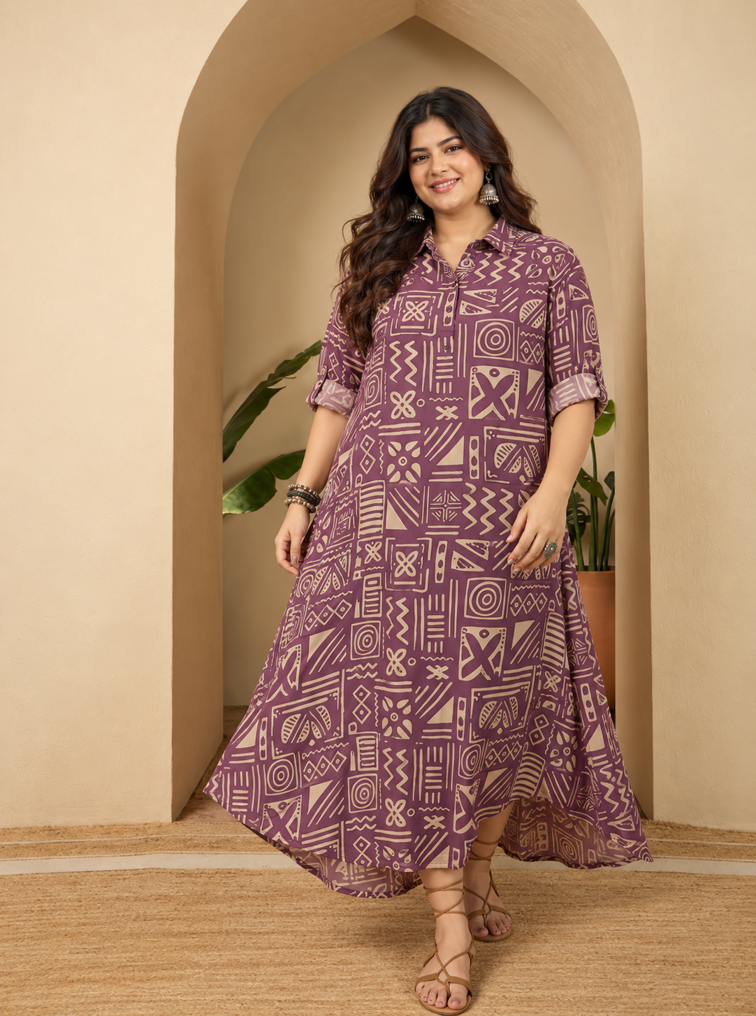 Dusty Mauve Ethnic Shirt Collar Long Dress