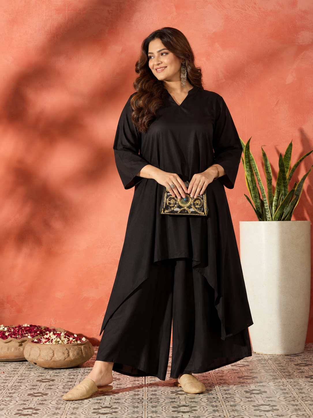 Black Manderian Neck High Low Kurta Set