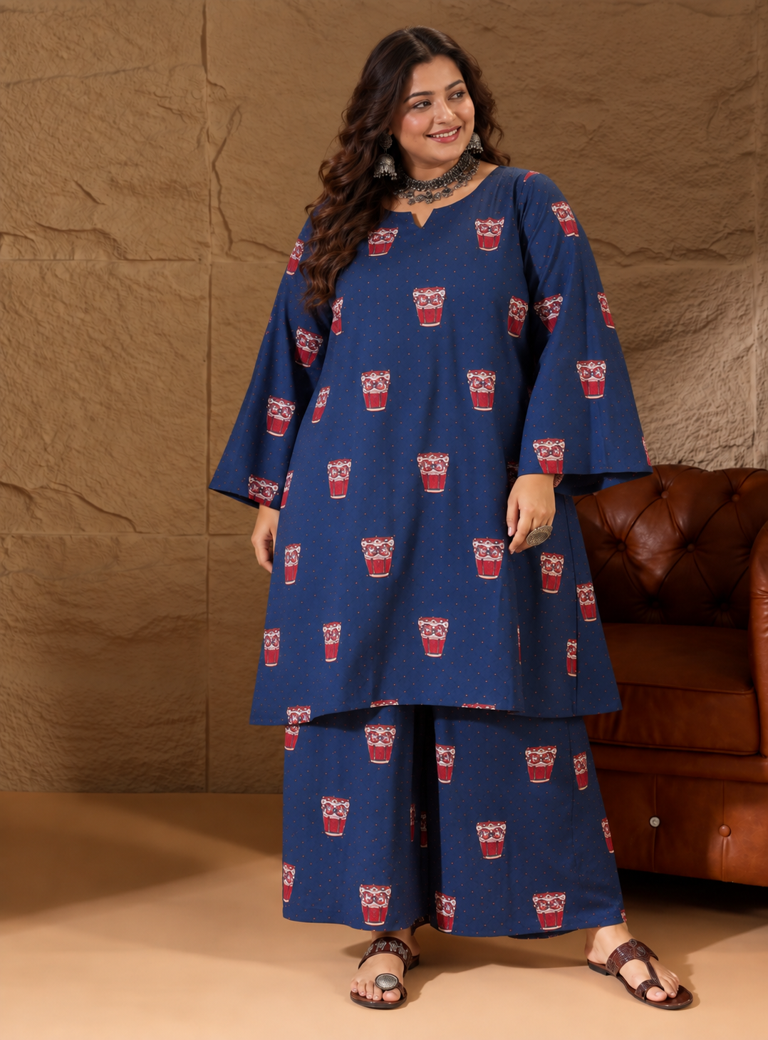 Blue Glass Print Long Sleeve Kurta Set