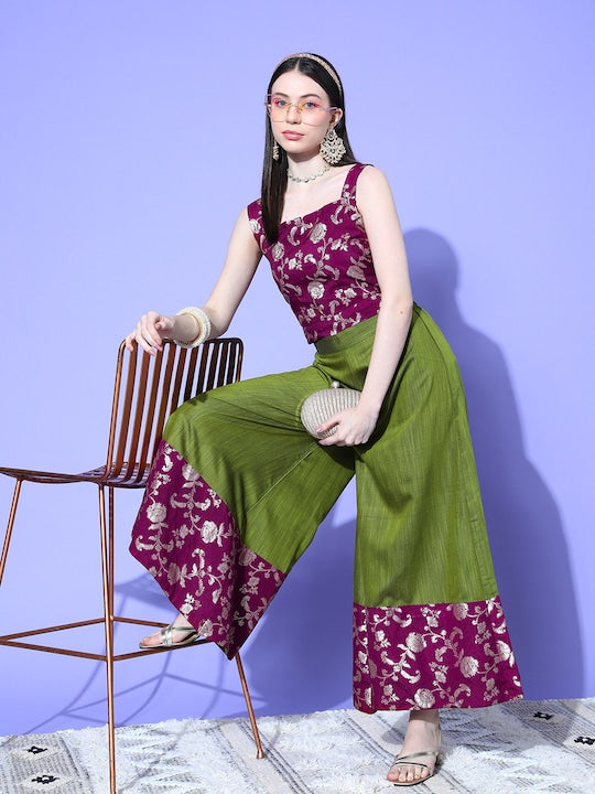 Wine Brocade Strappy Top W Olive Wine Brocade Palazzo Set