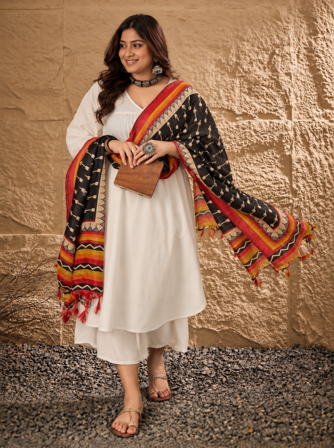 White Flared Red Border Ikkat Dupatta Kurta Set