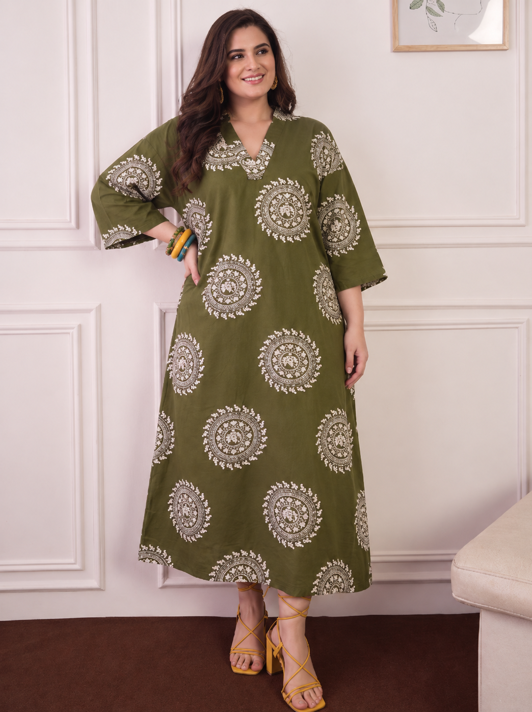 Green Mandala Print V Neck Long Dress