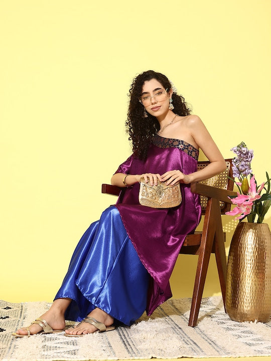 Wine Navy Brocade Satin Oneshoulder Blue Palazzo Set