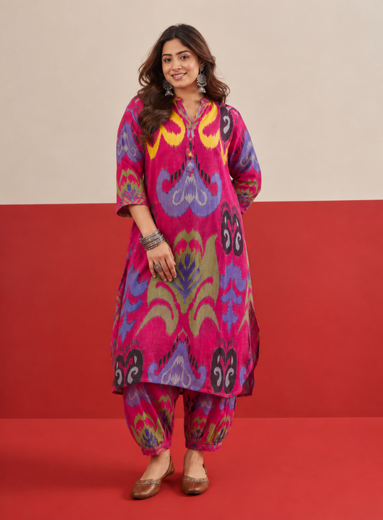 Pink Blue Ikat Afghani Set