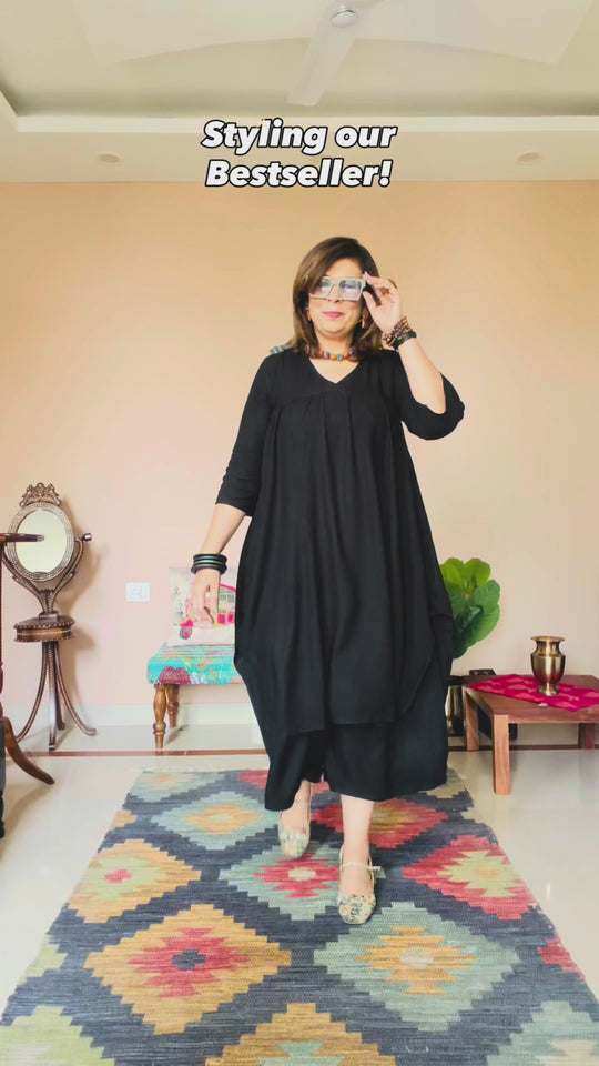 Black Flared Kurta Short Palazzo Set