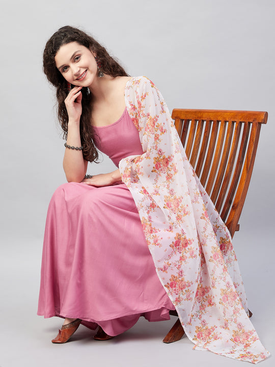 Light Pink Strappy Set W Cream Orange Print Ge Dupatta