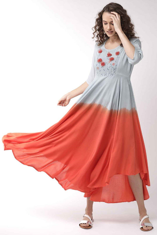 BURNT AMBER DRESS WITH FLORAL MOTIFS