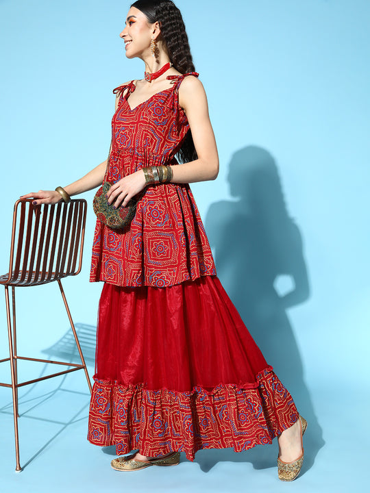 Maroon Bandhej Net Sharara Set