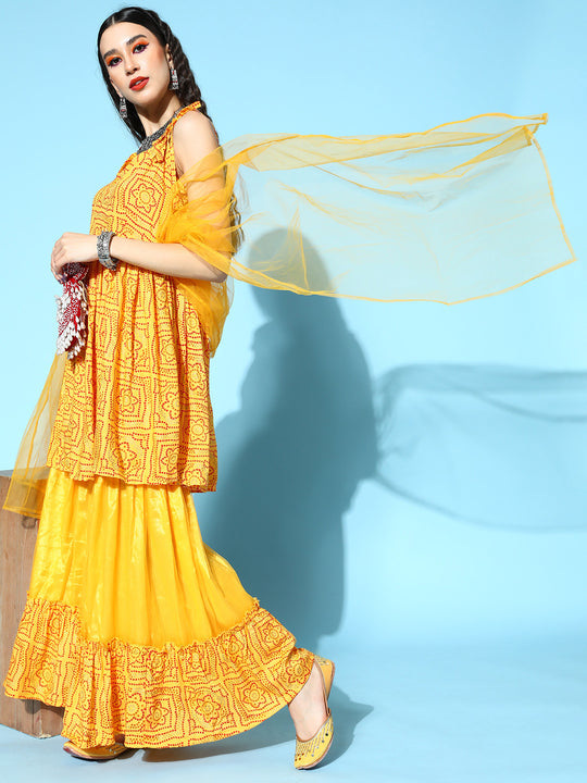 Yellow Bandhani Net sharara Set