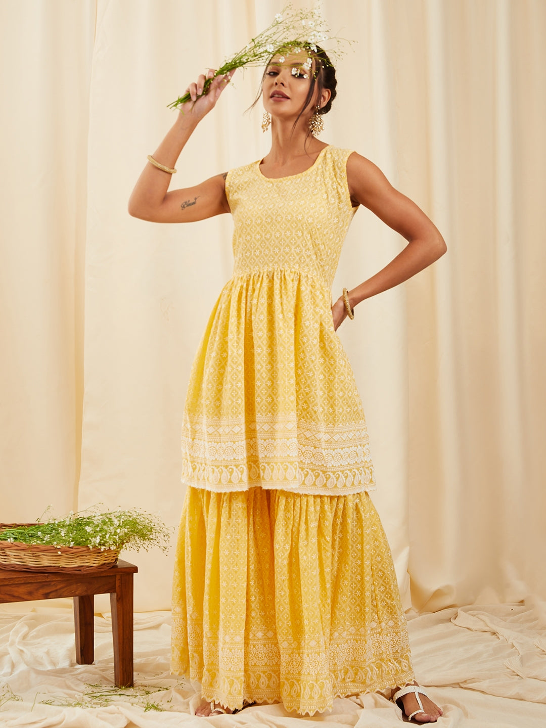Yellow Lace Work Kurta Sharara Set