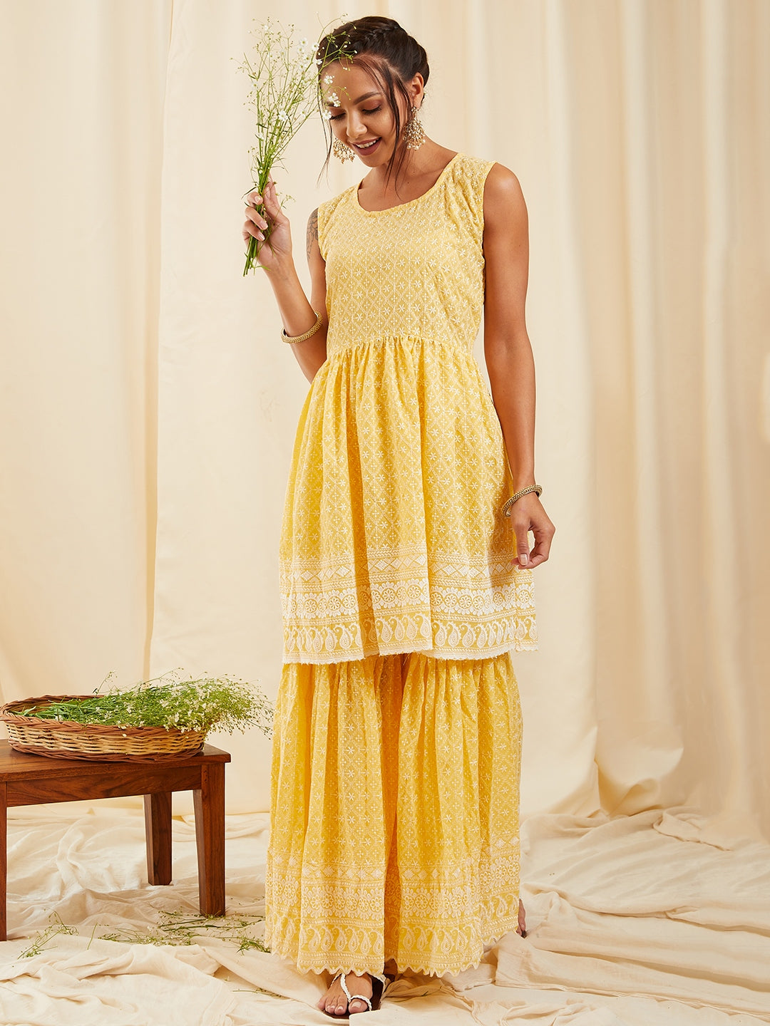 Yellow Lace Work Kurta Sharara Set