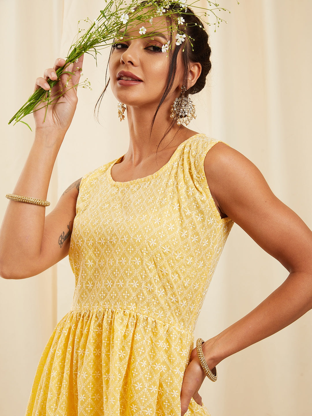 Yellow Lace Work Kurta Sharara Set