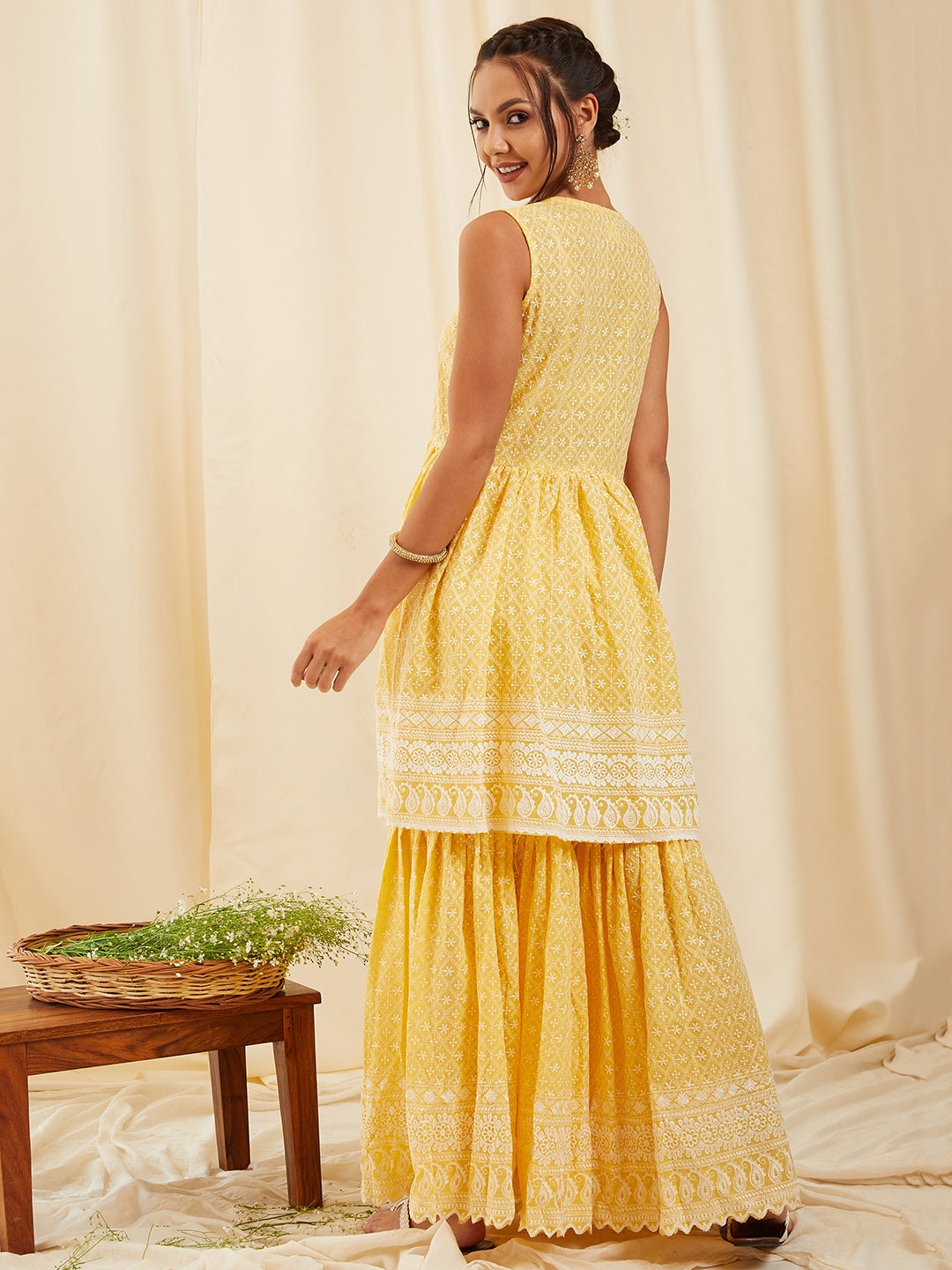 Yellow Lace Work Kurta Sharara Set