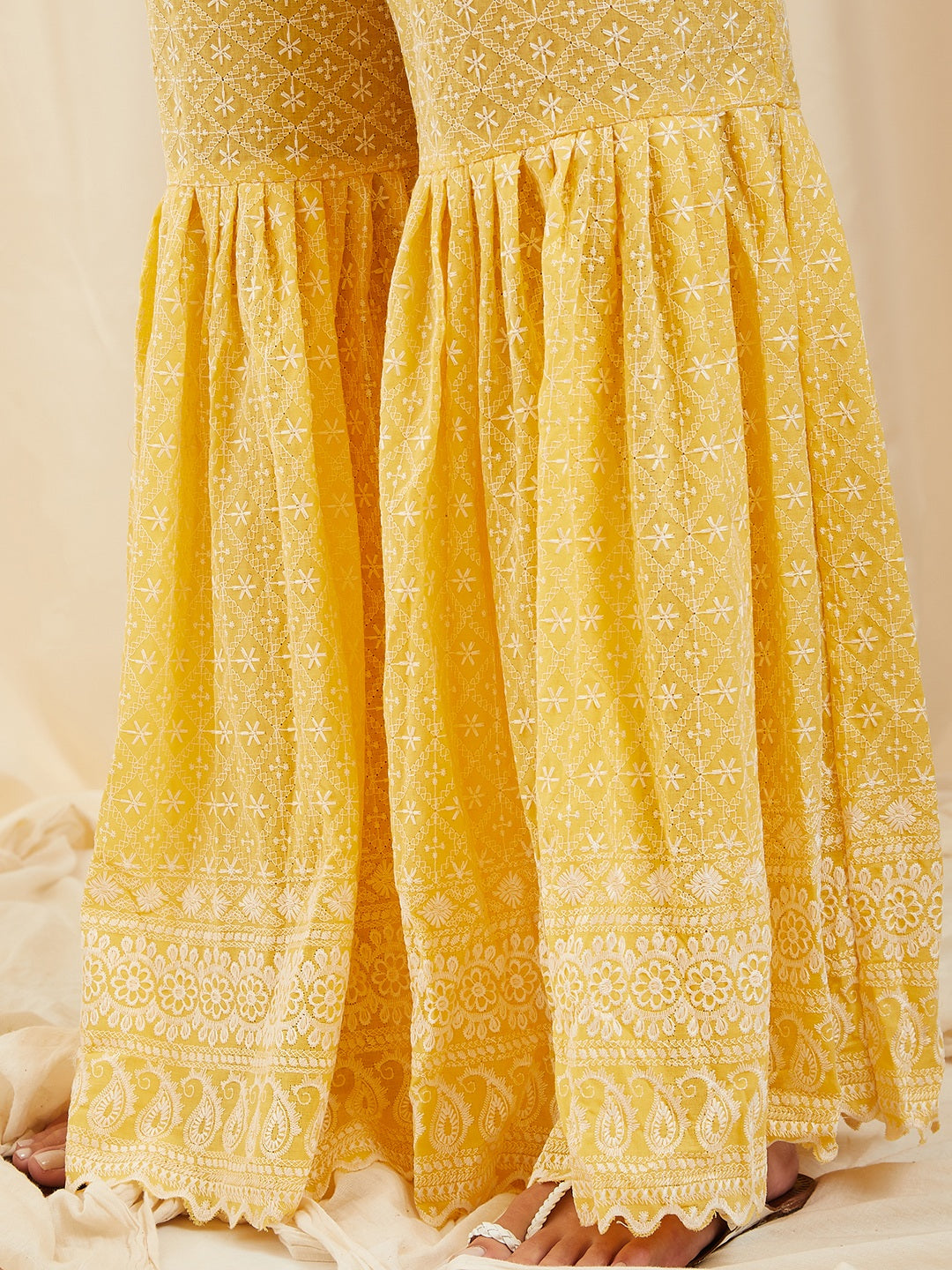 Yellow Lace Work Kurta Sharara Set