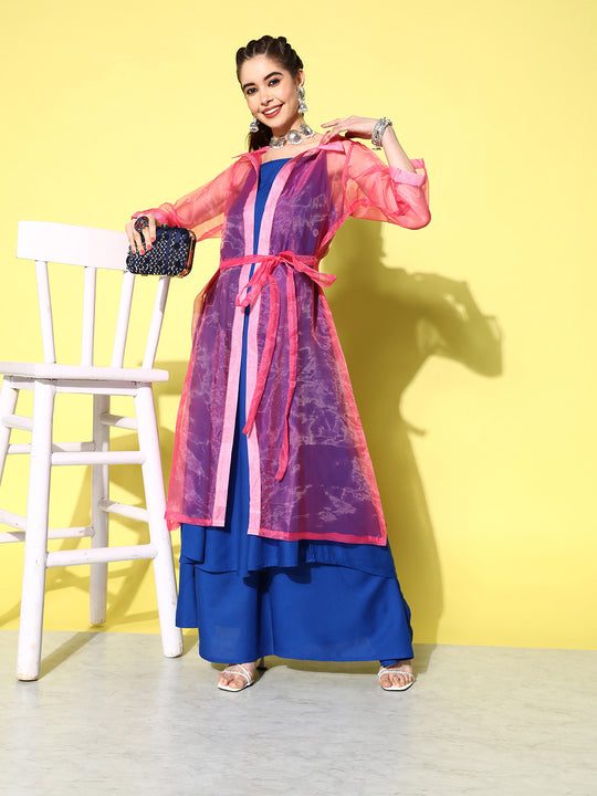 INK BLUE STRAPPY KURTA SET WITH PINK ORGANZA CAPE