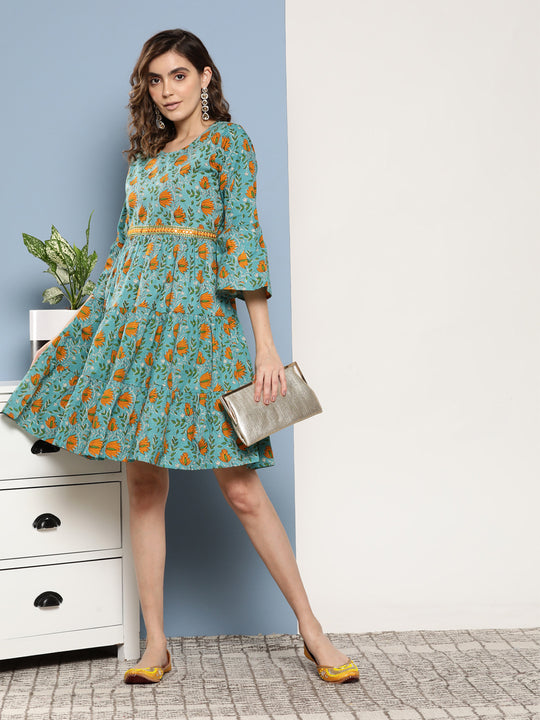 Blue Mustard Print Short Dress
