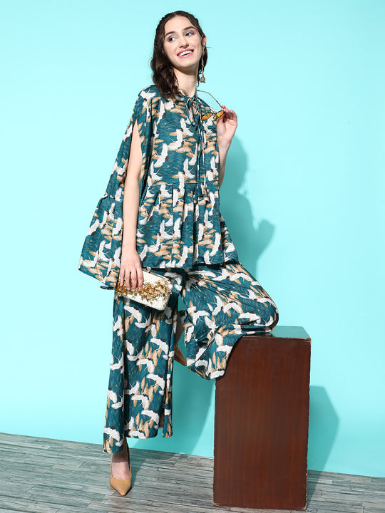 Teal Bird Motif Tiered Kaftan Style Kurta Set