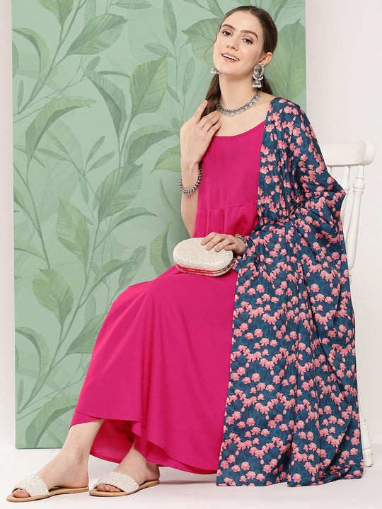 Fuchsia Strappy Set W Navy Pink Lotus Cr Duptta