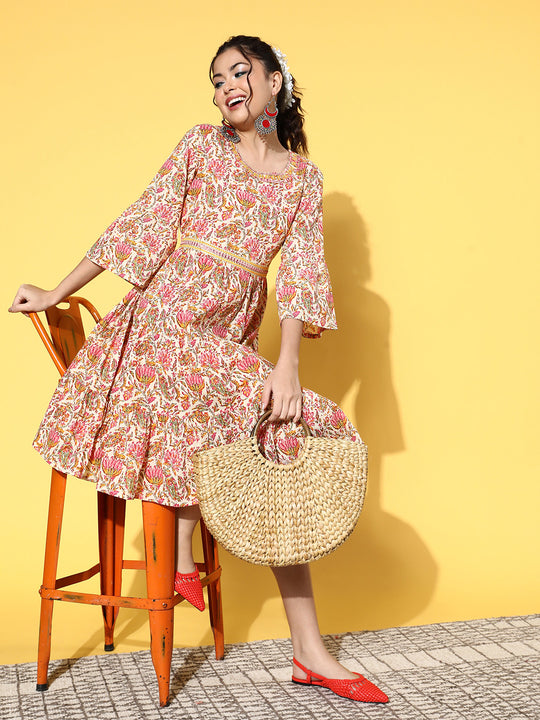 Pink Boota Print Belted Dress