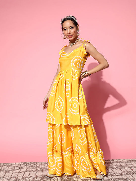 Yellow Bandhani Motif Shoulder Tie Up Kurta Set