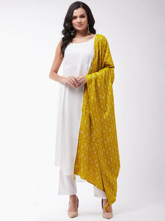 White Strappy Kurta Palazzo Set With Mustard Wite Dupatta