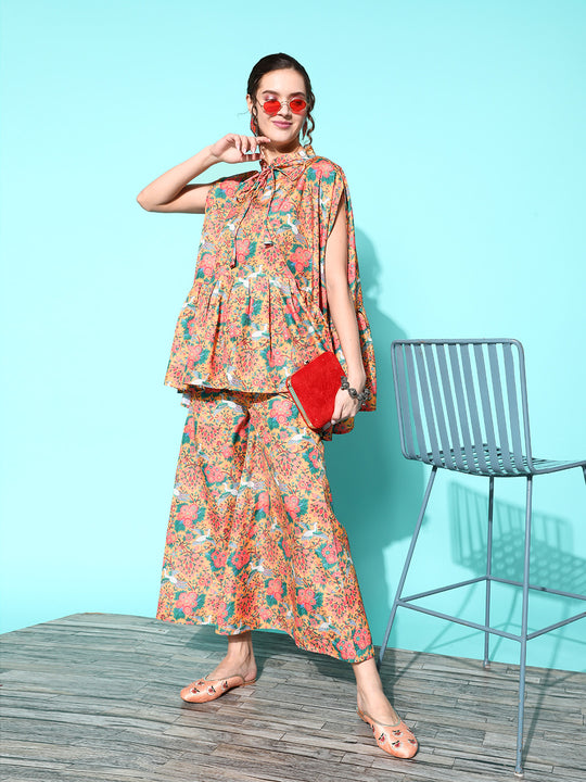 Mustard Swan Motif Tiered Kaftan Kurta Set