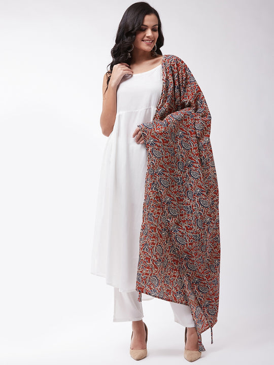 White Strappy Kurta Palazzo Set With Kalamkari Dupatta