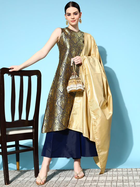 Blue Banarasi Halter Kurta Set With Golden Dupatta