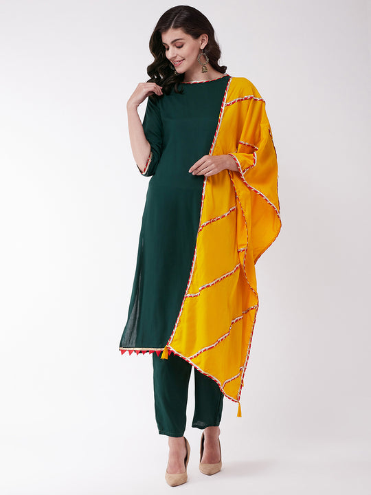 Bottle Green Kurta Pant Set Red Gota Work