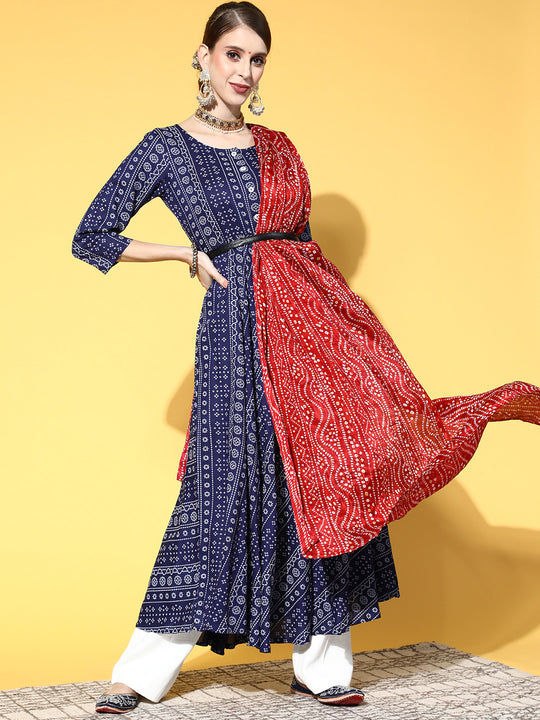 Blue Bandhani Anarkali With Dupatta