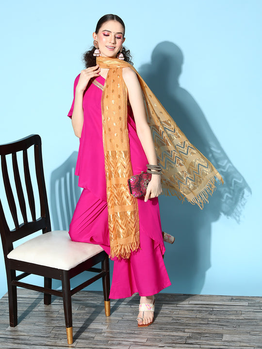 Magenta One Shoulder Set W Dupatta