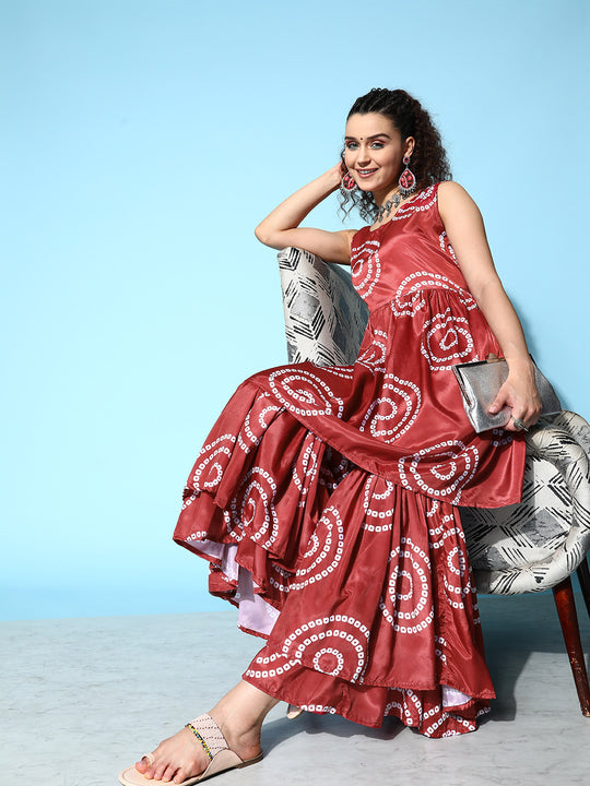 Maroon Bandhani Motif Tiered Sharara Set