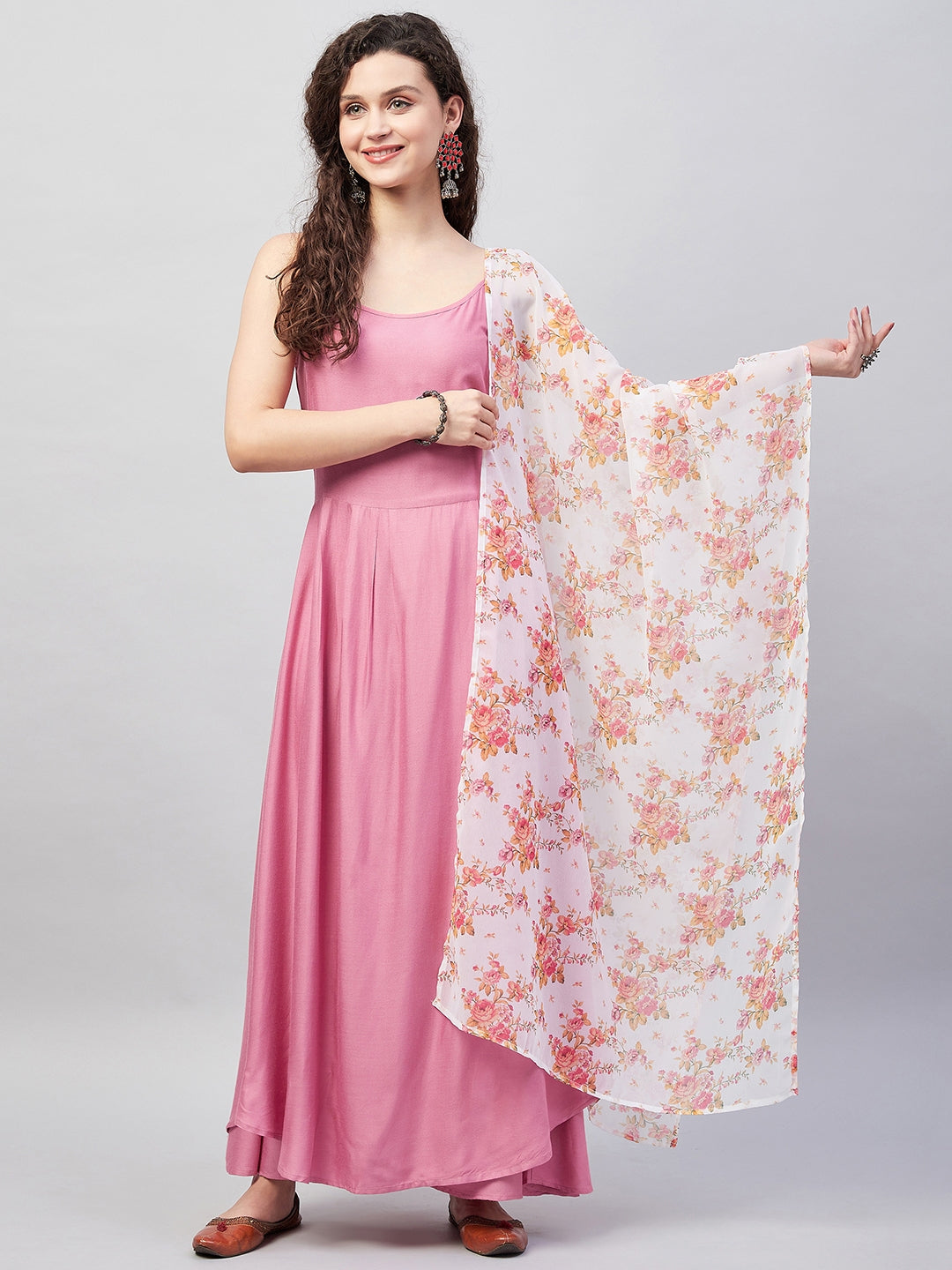 Light Pink Strappy Set W Cream Orange Print Ge Dupatta