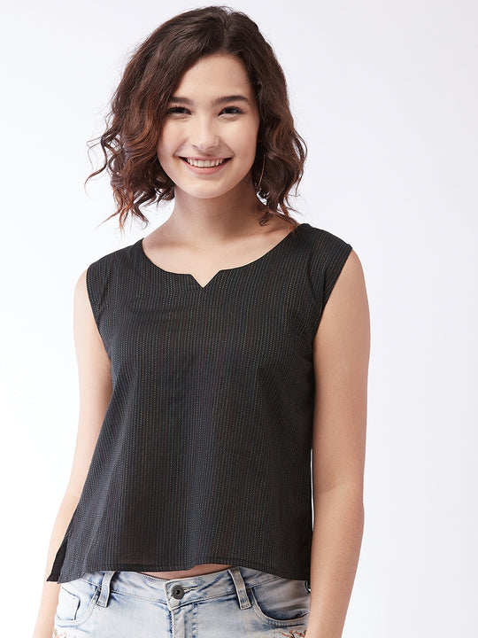 Black Kantha Sleeveless Top For Teens