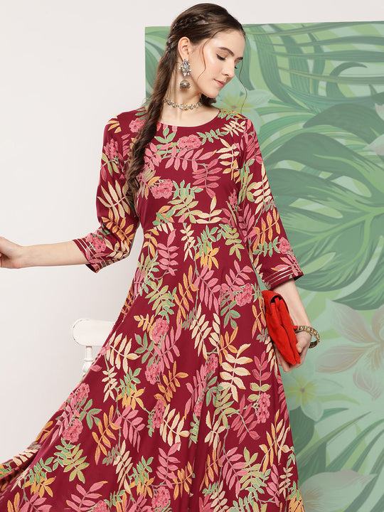 Red Tropical Print Gota Long Dress