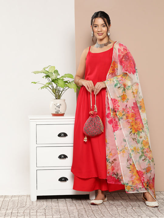 Red Strppy Set With Red Big Floral Print Dupatta