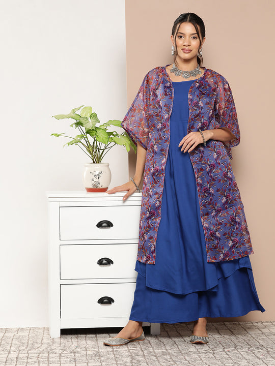 Ink Blue Strappy Set With Mauve Print Floral Cape