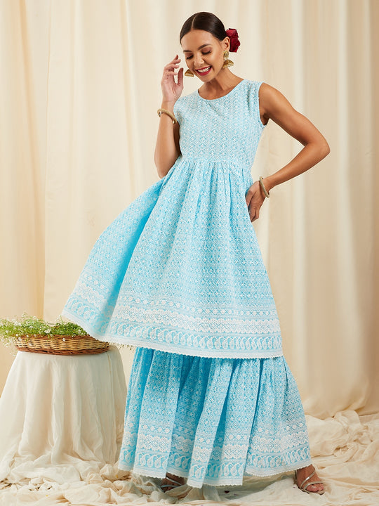 Sky Blue Lace Work Kurta Sharara Set