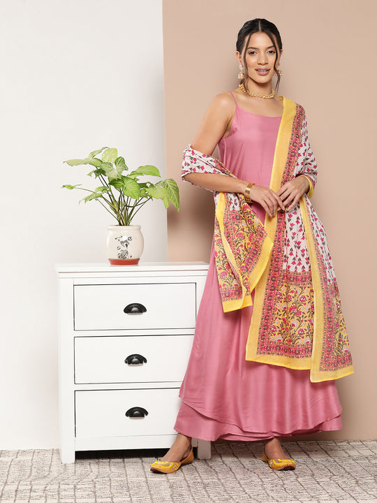 Light Pink Ray Strappy Kurta Set With Printed Cotton Dupatta
