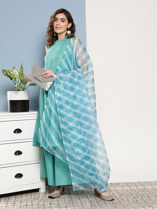 Teal Lurex Boho Kurta Set With Sky Blue White Leh Dupatta