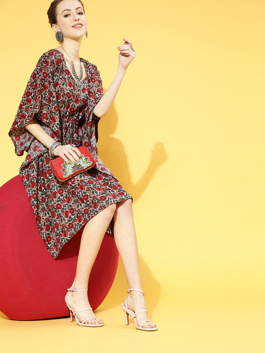 Maroon Floral Jaal Print Kaftan Dress