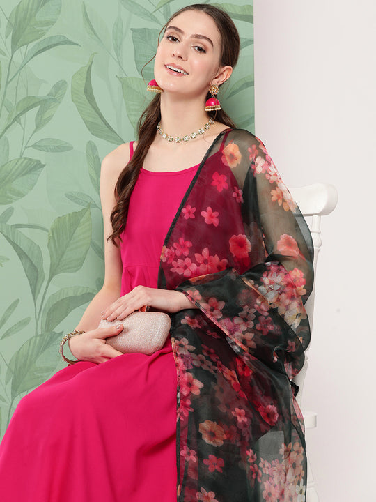 Fuchsia Strappy Set W Dark Green Camelia Or Dupatta