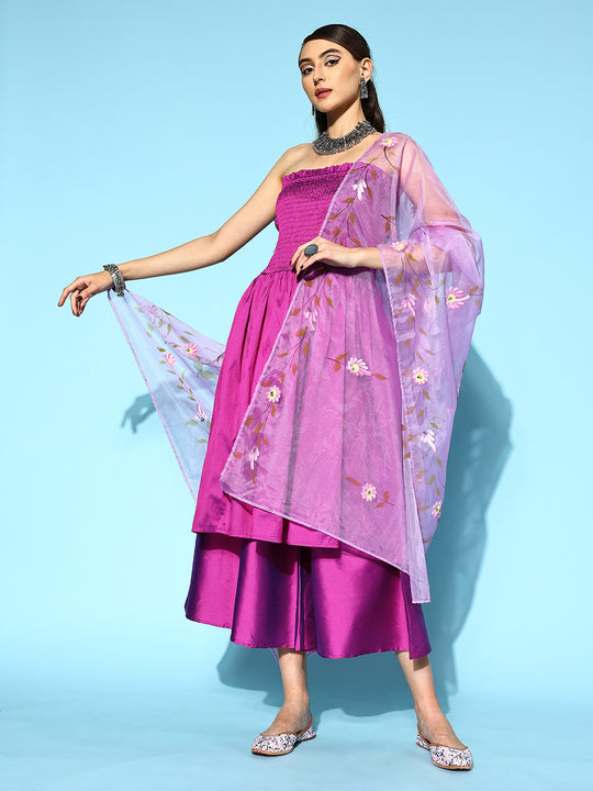 Purple Off Shoulder Silk Kurta Set -Mauve Hand Painted Dupatta