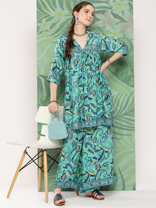 Turquoise Blue Camelia Printed Ethnic Kurta Set