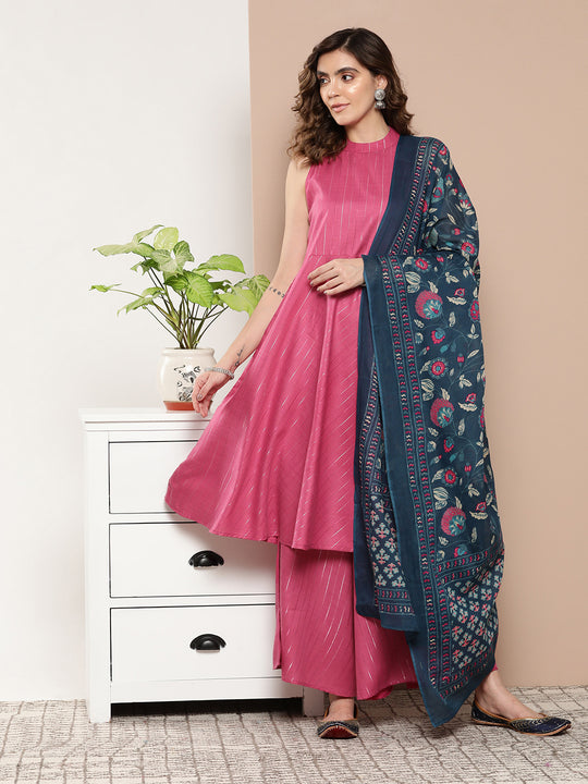 Fuchsia Lurex Boho Kurta Set With Blue Printed Cotton Dupatta